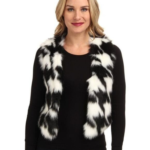 Michael Kors Houndstooth Black White Open Front Faux Fur Vest Large - Picture 2 of 8